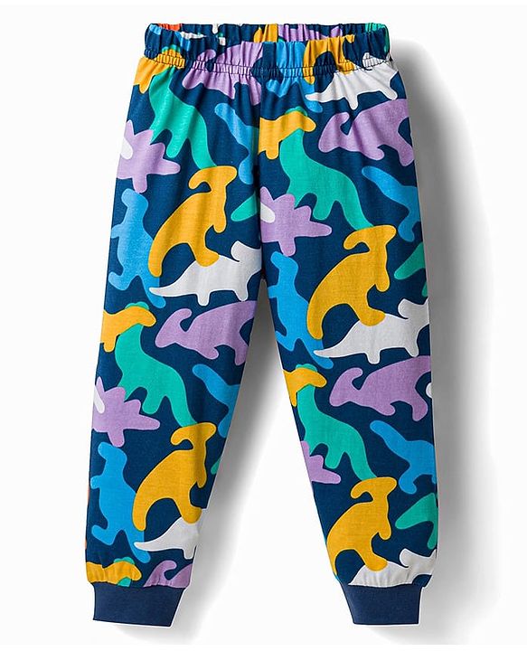 Babyhug 100% Cotton Knit Full Sleeves T-Shirt & Pyjama Night Suit With Dino Print - Navy