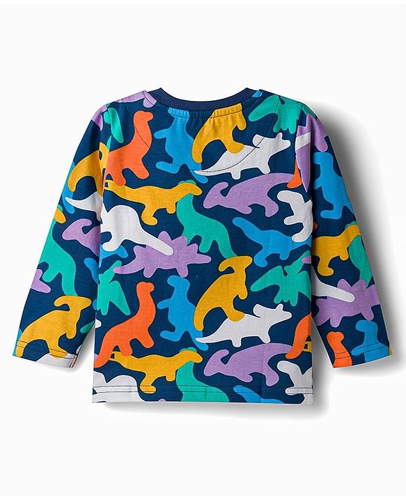 Babyhug 100% Cotton Knit Full Sleeves T-Shirt & Pyjama Night Suit With Dino Print - Navy