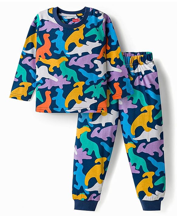 Babyhug 100% Cotton Knit Full Sleeves T-Shirt & Pyjama Night Suit With Dino Print - Navy