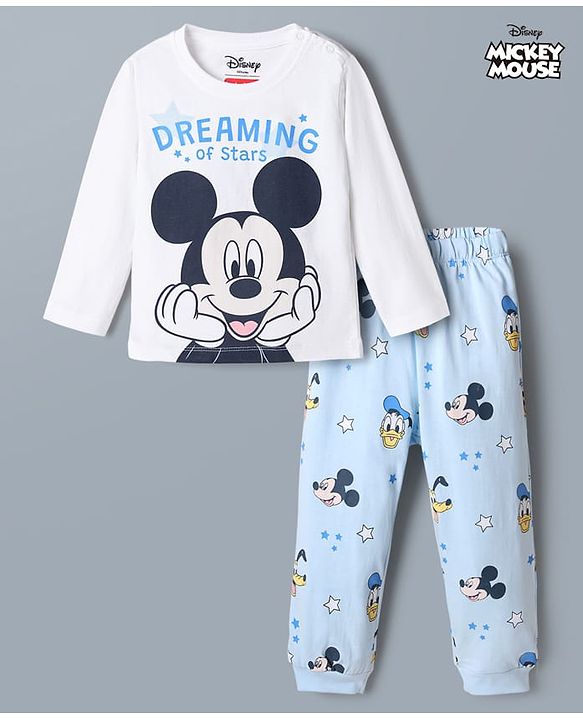 Babyhug Disney 100% Cotton Single Jersey Knit Full Sleeves T-Shirt & Pajama Night Suit with Mickey Mouse Graphic Print - Light Blue & White