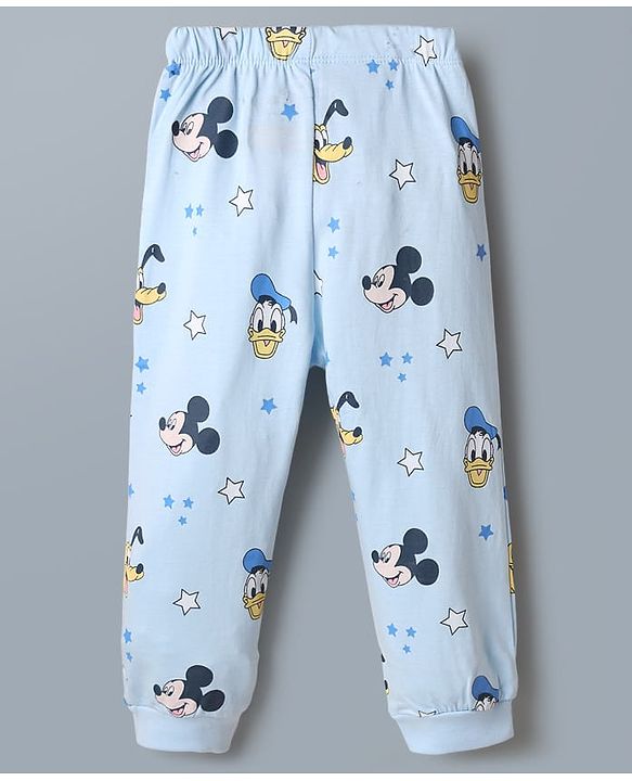 Babyhug Disney 100% Cotton Single Jersey Knit Full Sleeves T-Shirt & Pajama Night Suit with Mickey Mouse Graphic Print - Light Blue & White