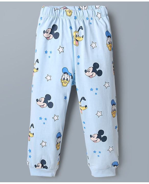 Babyhug Disney 100% Cotton Single Jersey Knit Full Sleeves T-Shirt & Pajama Night Suit with Mickey Mouse Graphic Print - Light Blue & White