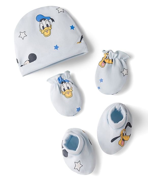 Babyhug Disney Interlock Knit Cap, Mitten & Booties Set With Mickey Mouse Graphics Light Blue - Diameter 15 cm