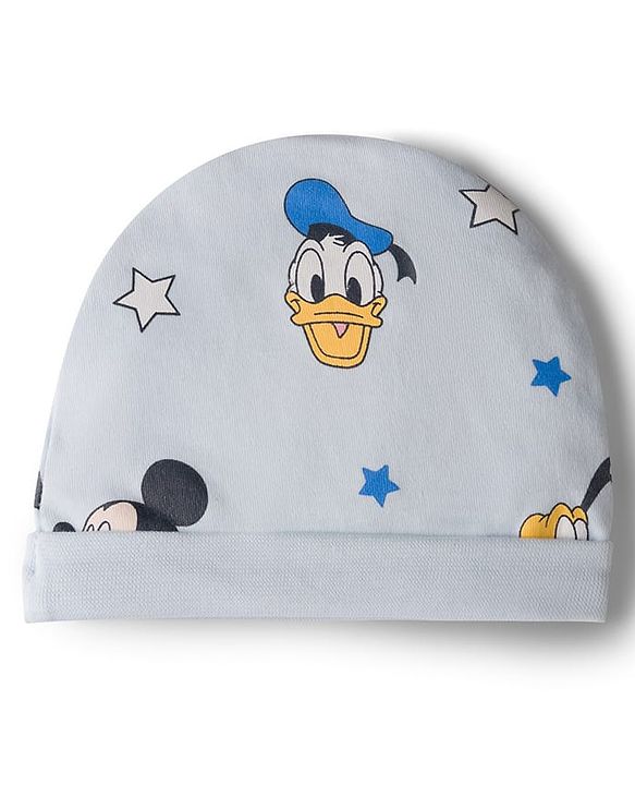 Babyhug Disney Interlock Knit Cap, Mitten & Booties Set With Mickey Mouse Graphics Light Blue - Diameter 15 cm