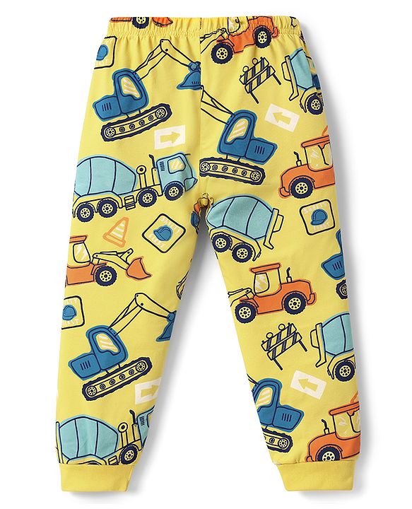 Babyhug Cotton Knit Full Sleeves T-Shirt & Pyjama Co-Ord Night Suit With JCB Print - Yellow