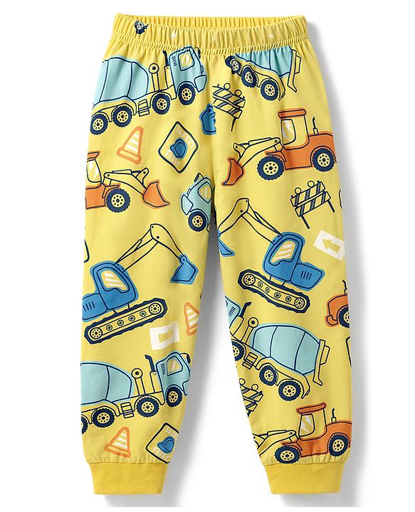 Babyhug Cotton Knit Full Sleeves T-Shirt & Pyjama Co-Ord Night Suit With JCB Print - Yellow