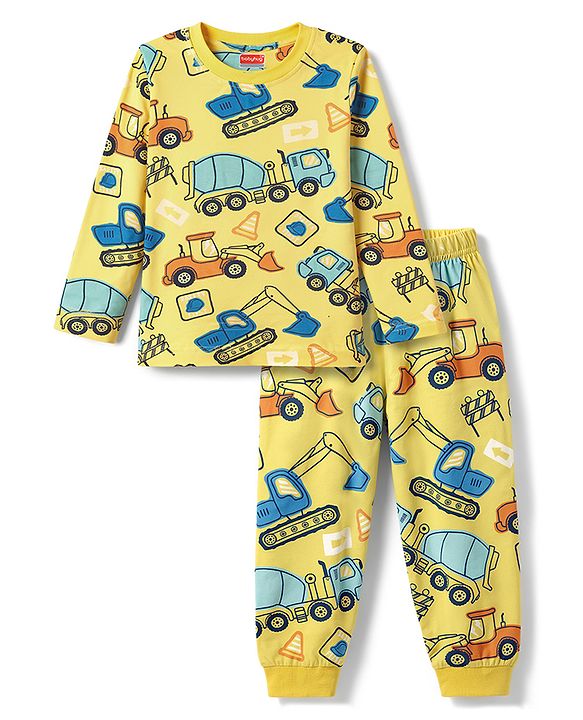 Babyhug Cotton Knit Full Sleeves T-Shirt & Pyjama Co-Ord Night Suit With JCB Print - Yellow