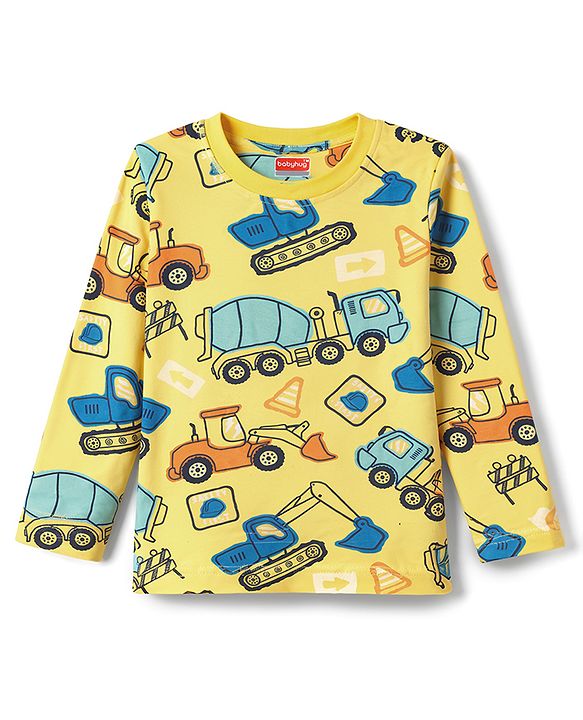 Babyhug Cotton Knit Full Sleeves T-Shirt & Pyjama Co-Ord Night Suit With JCB Print - Yellow