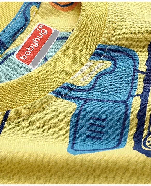 Babyhug Cotton Knit Full Sleeves T-Shirt & Pyjama Co-Ord Night Suit With JCB Print - Yellow