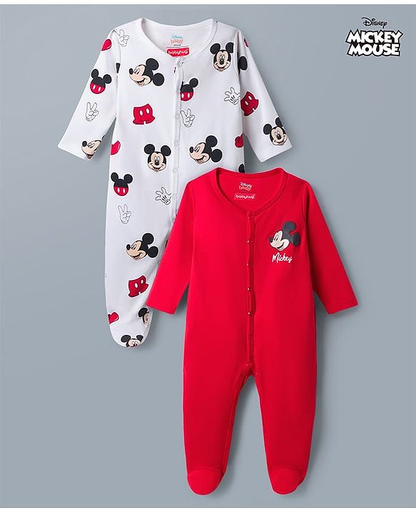 Babyhug Disney Full Sleeves Footed Sleepsuits With Mickey Mouse Graphics Pack of 2 - Multicolor