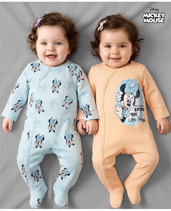 Babyhug Disney Interlock Knit Full Sleeves Footed Night Suit with Minnie Mouse Graphics Pack of 2 - Peach & Sky