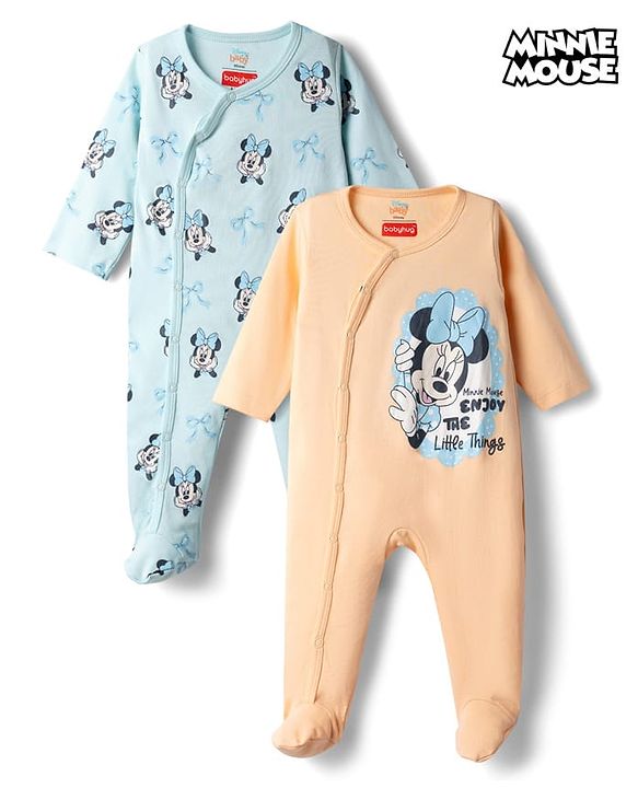 Babyhug Disney Interlock Knit Full Sleeves Footed Night Suit with Minnie Mouse Graphics Pack of 2 - Peach & Sky