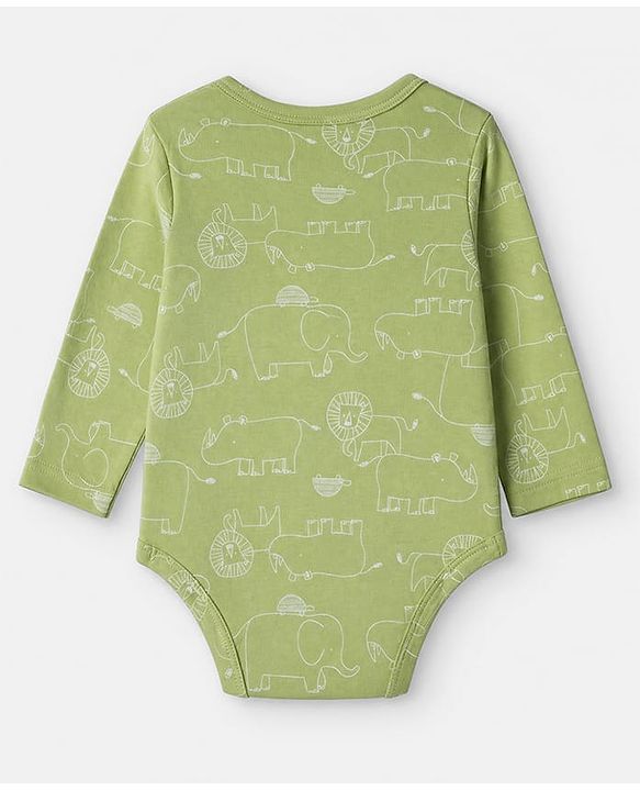 Babyhug 100% Cotton Interlock Knit Full Sleeves Striped Onesies With Animal Print Pack of 3 - Green, Red & Beige