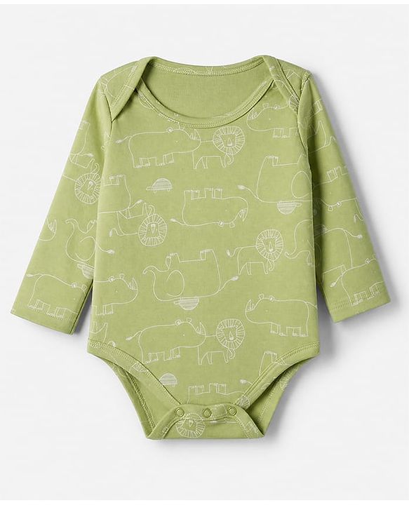 Babyhug 100% Cotton Interlock Knit Full Sleeves Striped Onesies With Animal Print Pack of 3 - Green, Red & Beige