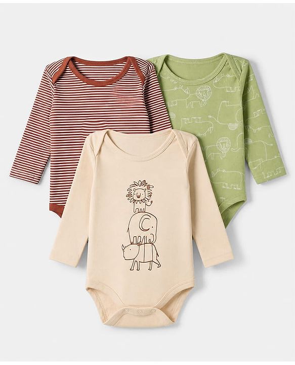 Babyhug 100% Cotton Interlock Knit Full Sleeves Striped Onesies With Animal Print Pack of 3 - Green, Red & Beige