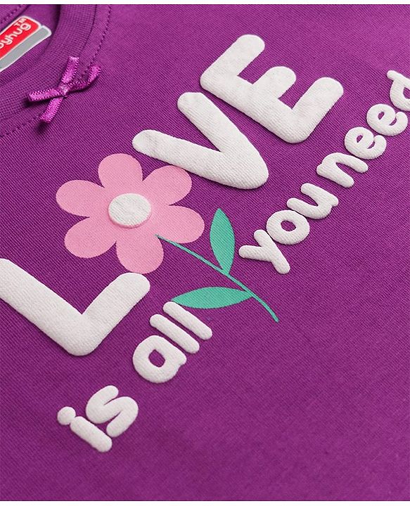 Babyhug 100% Cotton Knit Half Sleeves Floral & Text Printed T-Shirt & Pyjama Night Suit - Purple