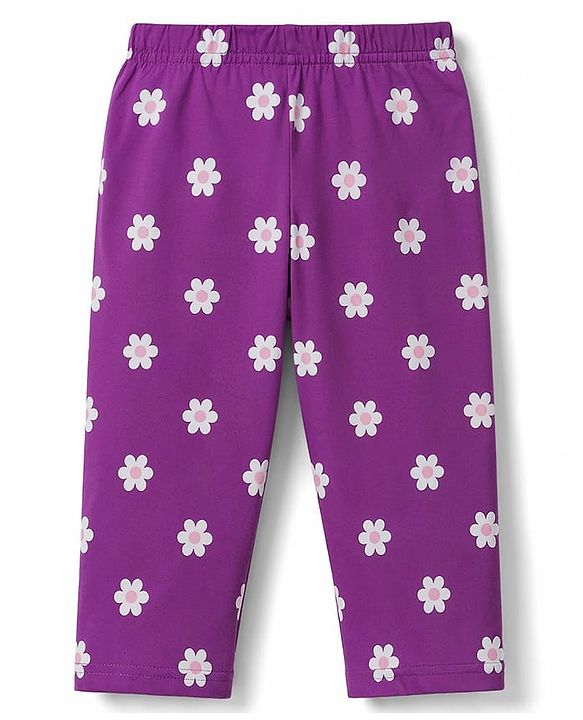 Babyhug 100% Cotton Knit Half Sleeves Floral & Text Printed T-Shirt & Pyjama Night Suit - Purple