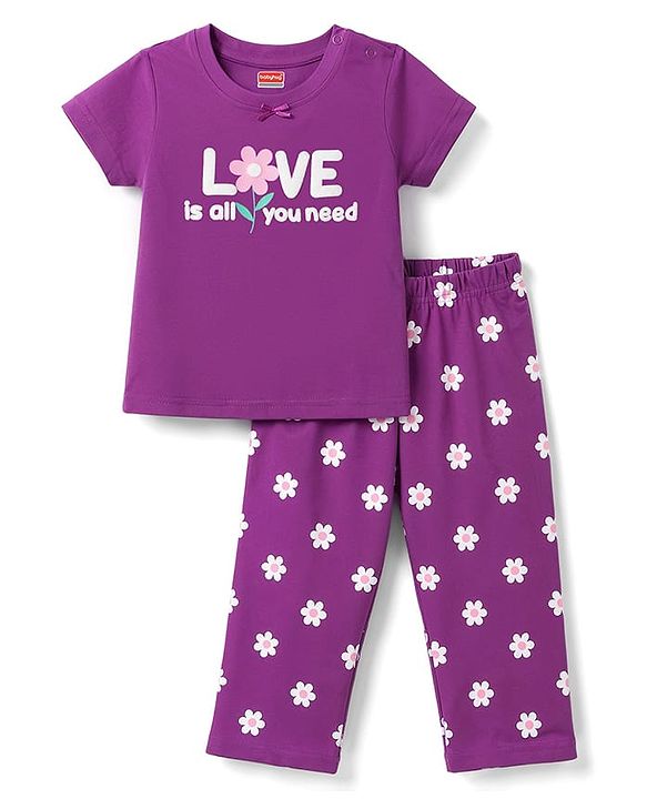 Babyhug 100% Cotton Knit Half Sleeves Floral & Text Printed T-Shirt & Pyjama Night Suit - Purple