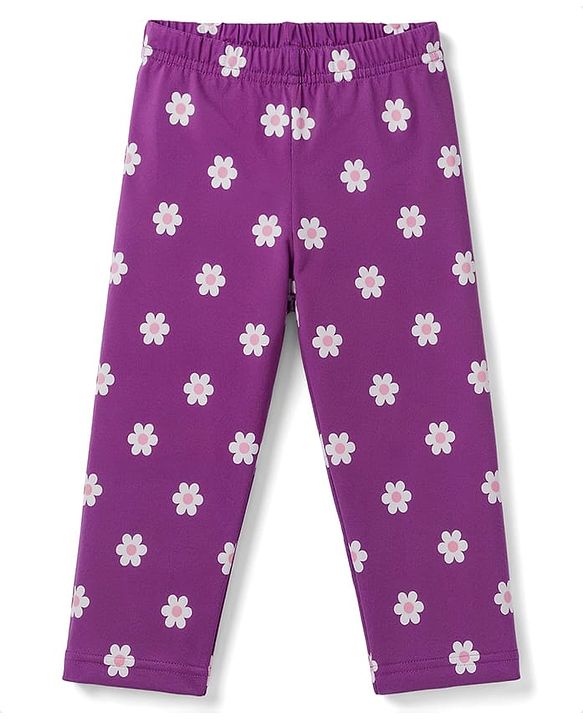 Babyhug 100% Cotton Knit Half Sleeves Floral & Text Printed T-Shirt & Pyjama Night Suit - Purple
