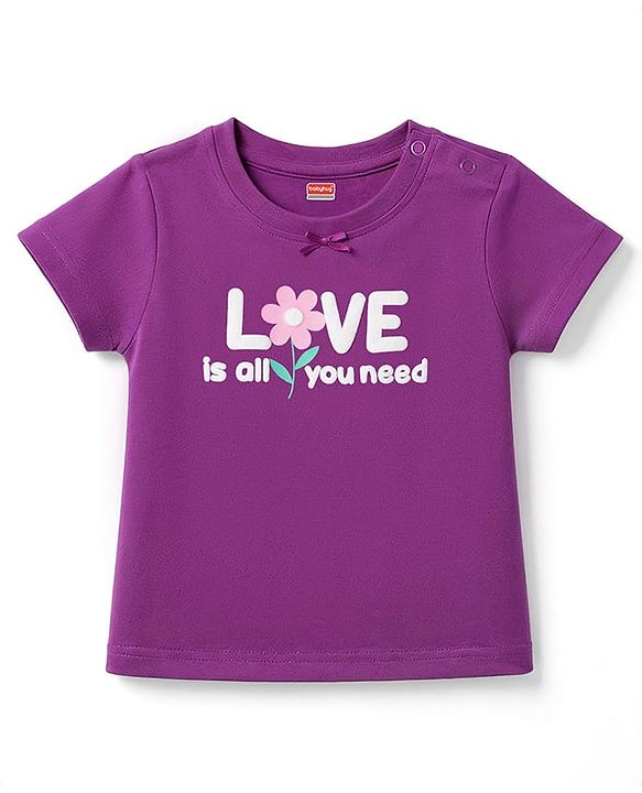 Babyhug 100% Cotton Knit Half Sleeves Floral & Text Printed T-Shirt & Pyjama Night Suit - Purple