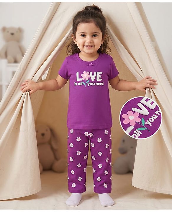 Babyhug 100% Cotton Knit Half Sleeves Floral & Text Printed T-Shirt & Pyjama Night Suit - Purple