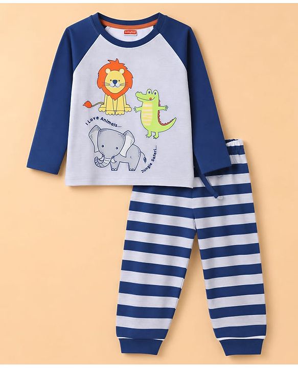 Babyhug 100% Cotton Knit Full Sleeves T-Shirt & Striped Pyjama Night Suit With Animal Print - Navy / Grey