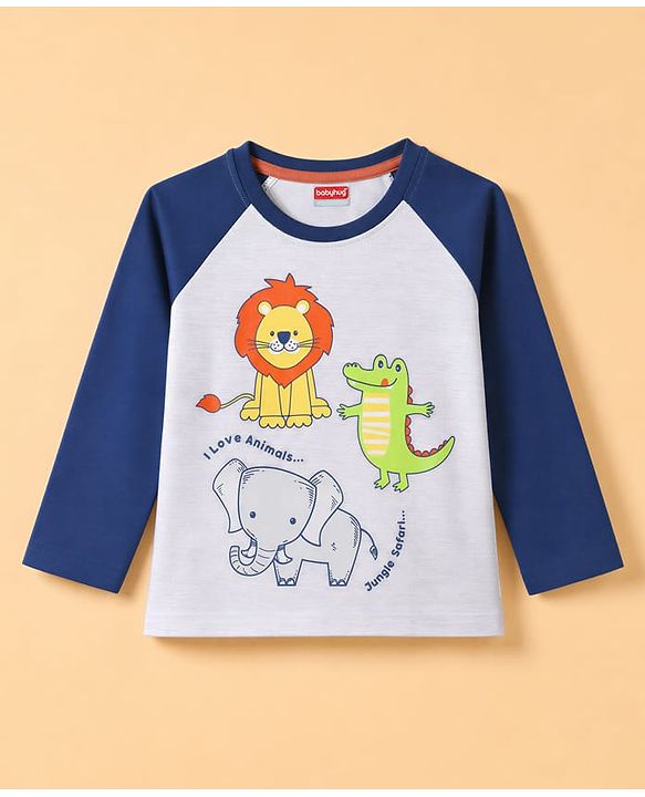Babyhug 100% Cotton Knit Full Sleeves T-Shirt & Striped Pyjama Night Suit With Animal Print - Navy / Grey