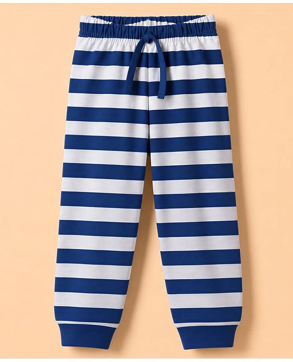 Babyhug 100% Cotton Knit Full Sleeves T-Shirt & Striped Pyjama Night Suit With Animal Print - Navy / Grey