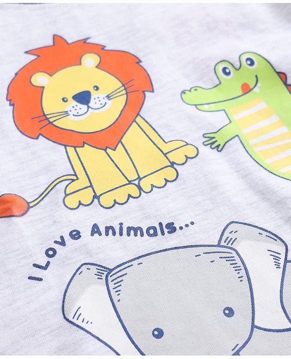 Babyhug 100% Cotton Knit Full Sleeves T-Shirt & Striped Pyjama Night Suit With Animal Print - Navy / Grey