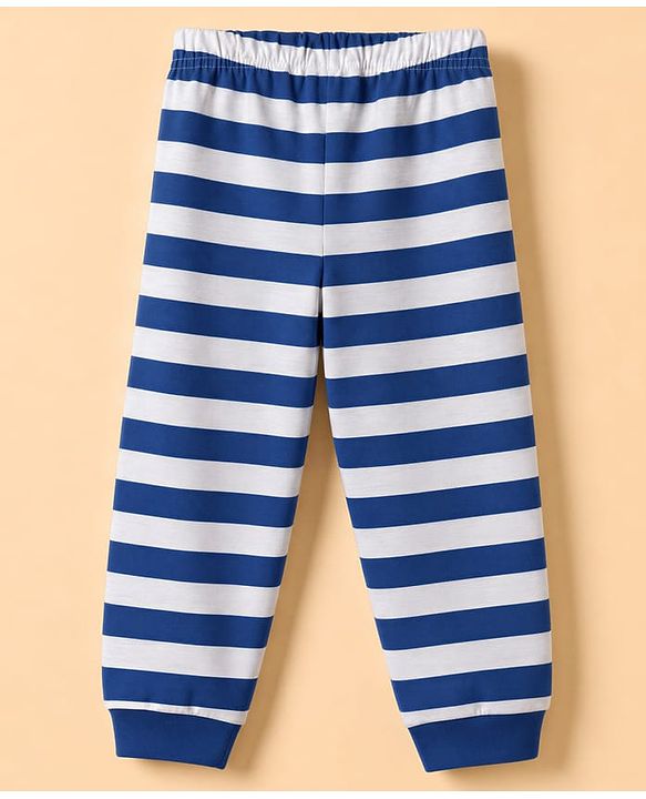 Babyhug 100% Cotton Knit Full Sleeves T-Shirt & Striped Pyjama Night Suit With Animal Print - Navy / Grey