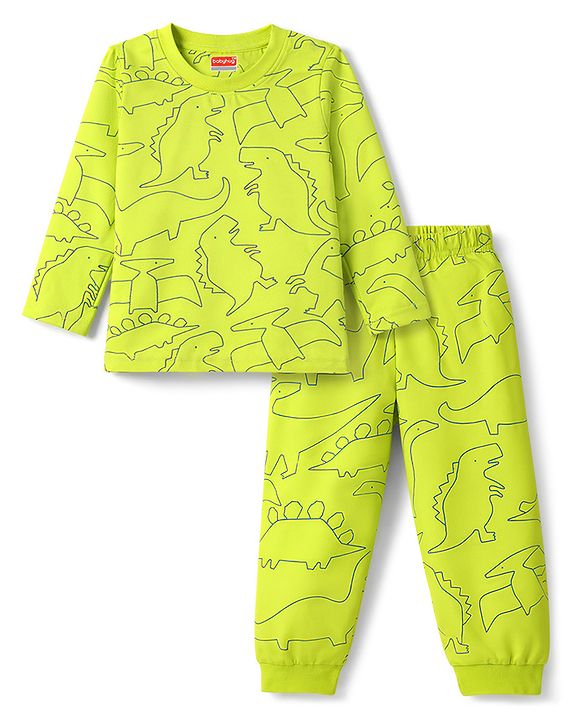 Babyhug Cotton Knit Full Sleeves T-Shirt & Pyjama Co-Ord Night Suit With Dino Print - Green