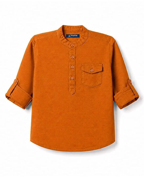 Pine Kids Cotton Woven Full Sleeves Mandarin Collar Solid Kurta Shirt - Orange