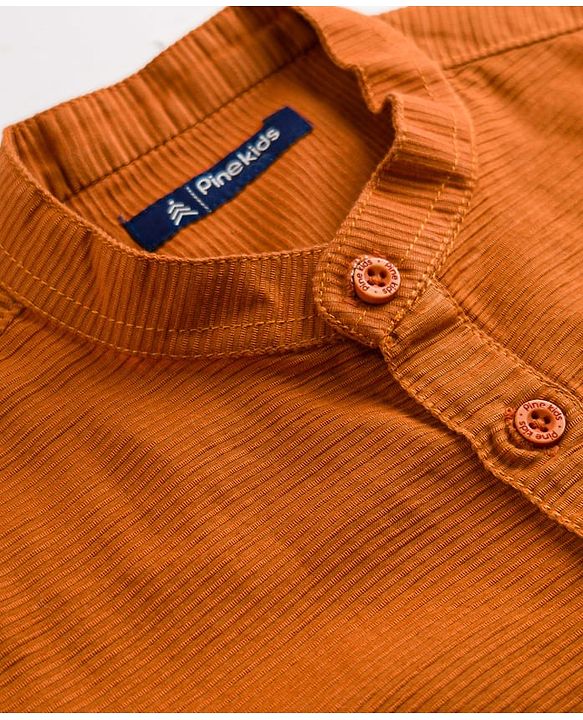 Pine Kids Cotton Woven Full Sleeves Mandarin Collar Solid Kurta Shirt - Orange
