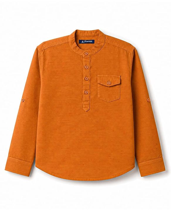 Pine Kids Cotton Woven Full Sleeves Mandarin Collar Solid Kurta Shirt - Orange
