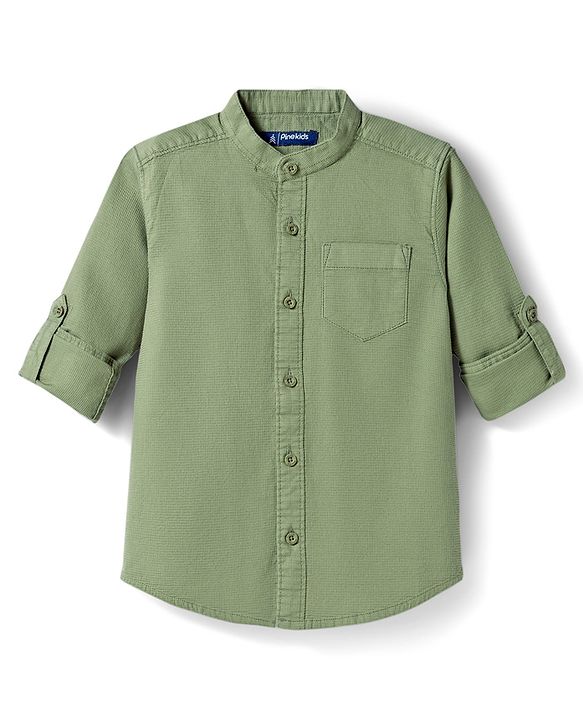 Pine Kids Cotton Woven Solid Shirts Mandarin Collar Full Sleeves Light Green 4-5 Years
