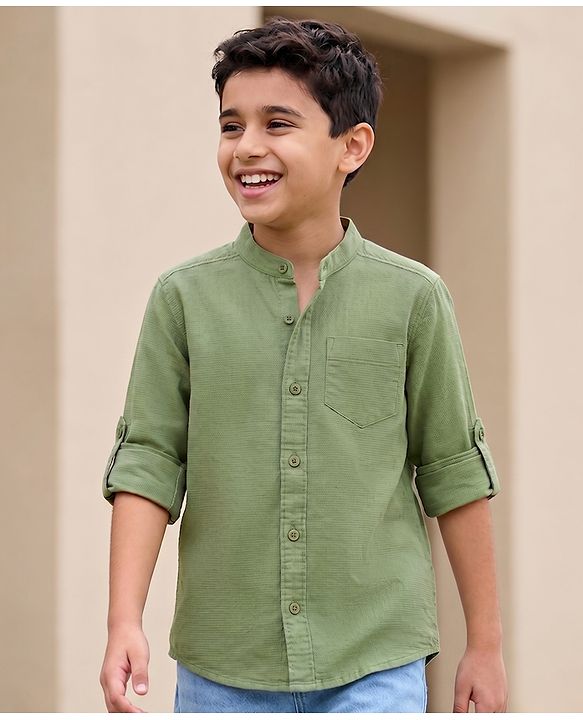 Pine Kids Cotton Woven Solid Shirts Mandarin Collar Full Sleeves Light Green 4-5 Years