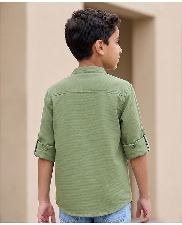 Pine Kids Cotton Woven Solid Shirts Mandarin Collar Full Sleeves Light Green 4-5 Years