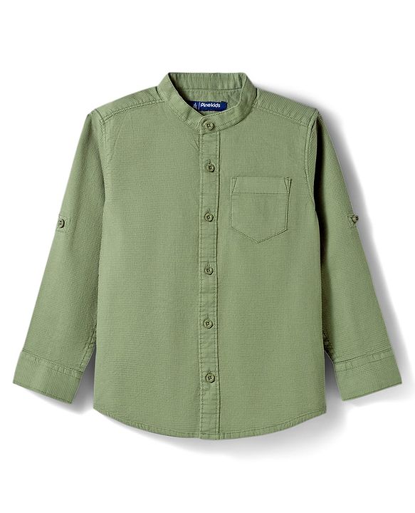 Pine Kids Cotton Woven Solid Shirts Mandarin Collar Full Sleeves Light Green 4-5 Years
