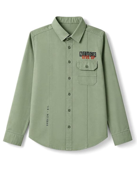 Pine Kids Cotton Woven Full Sleeves Solid Shirt with Never Give Up Print - Light Green