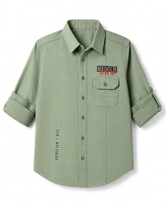 Pine Kids Cotton Woven Full Sleeves Solid Shirt with Never Give Up Print - Light Green