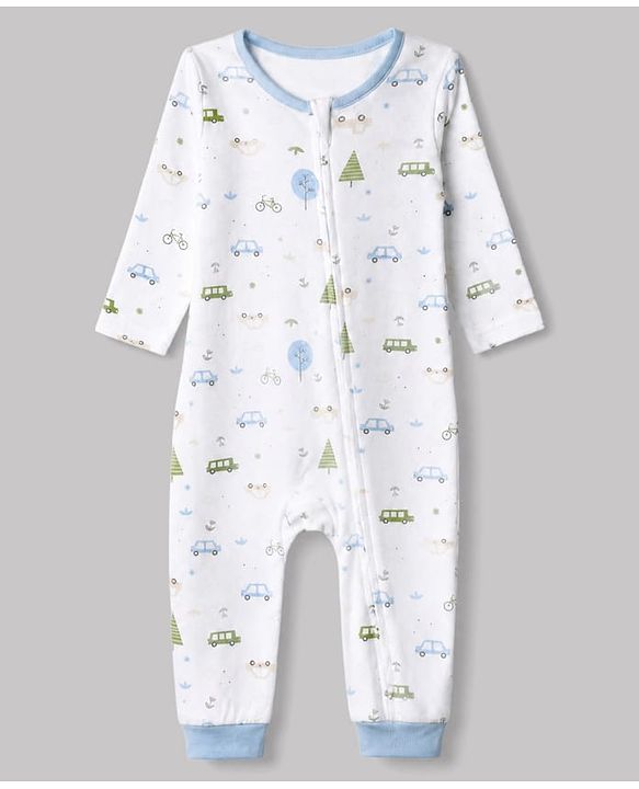 Babyhug 100% Cotton Interlock Knit Full Sleeves Rompers With Vehicle Print Pack of 2 - White & Beige