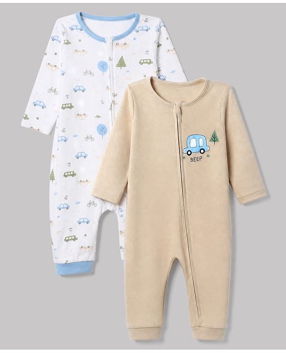Babyhug 100% Cotton Interlock Knit Full Sleeves Rompers With Vehicle Print Pack of 2 - White & Beige