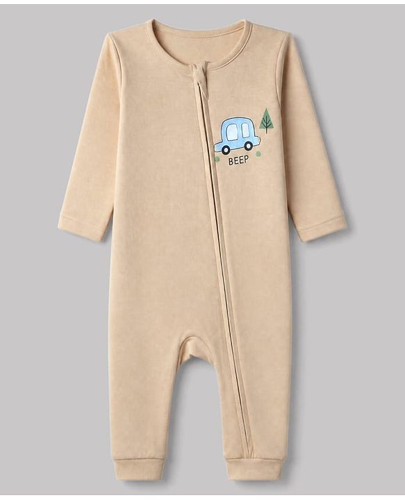 Babyhug 100% Cotton Interlock Knit Full Sleeves Rompers With Vehicle Print Pack of 2 - White & Beige