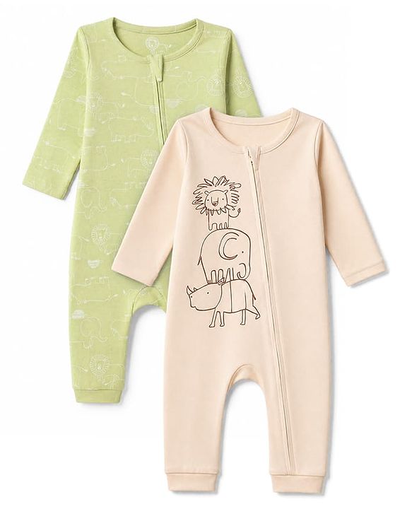 Babyhug 100% Cotton Interlock Knit Full Sleeves Rompers With Animal Print Pack of 2- Beige & Light Green