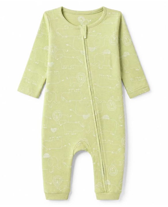 Babyhug 100% Cotton Interlock Knit Full Sleeves Rompers With Animal Print Pack of 2- Beige & Light Green
