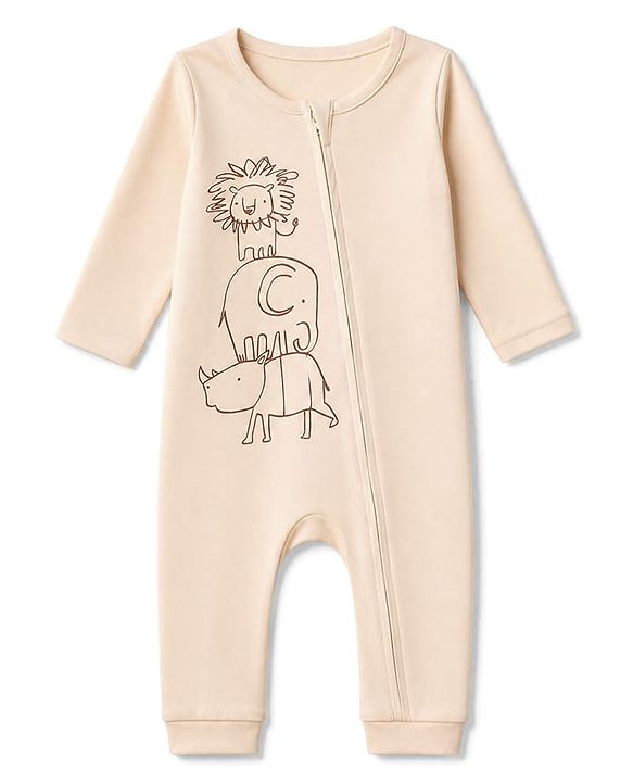 Babyhug 100% Cotton Interlock Knit Full Sleeves Rompers With Animal Print Pack of 2- Beige & Light Green