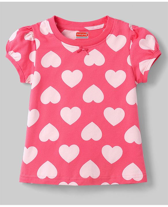 Babyhug 100% Cotton Knit Half Sleeves Hearts Printed Co-Ords T-Shirt & Pyjama Night Suit - Pink