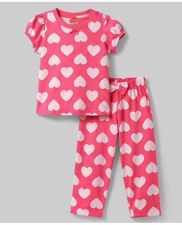 Babyhug 100% Cotton Knit Half Sleeves Hearts Printed Co-Ords T-Shirt & Pyjama Night Suit - Pink