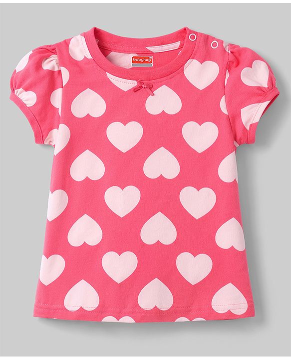 Babyhug 100% Cotton Knit Half Sleeves Hearts Printed Co-Ords T-Shirt & Pyjama Night Suit - Pink