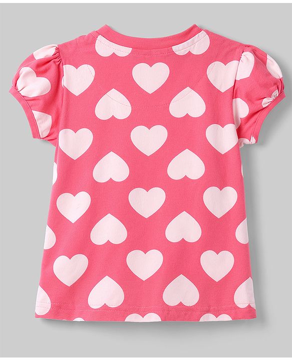 Babyhug 100% Cotton Knit Half Sleeves Hearts Printed Co-Ords T-Shirt & Pyjama Night Suit - Pink